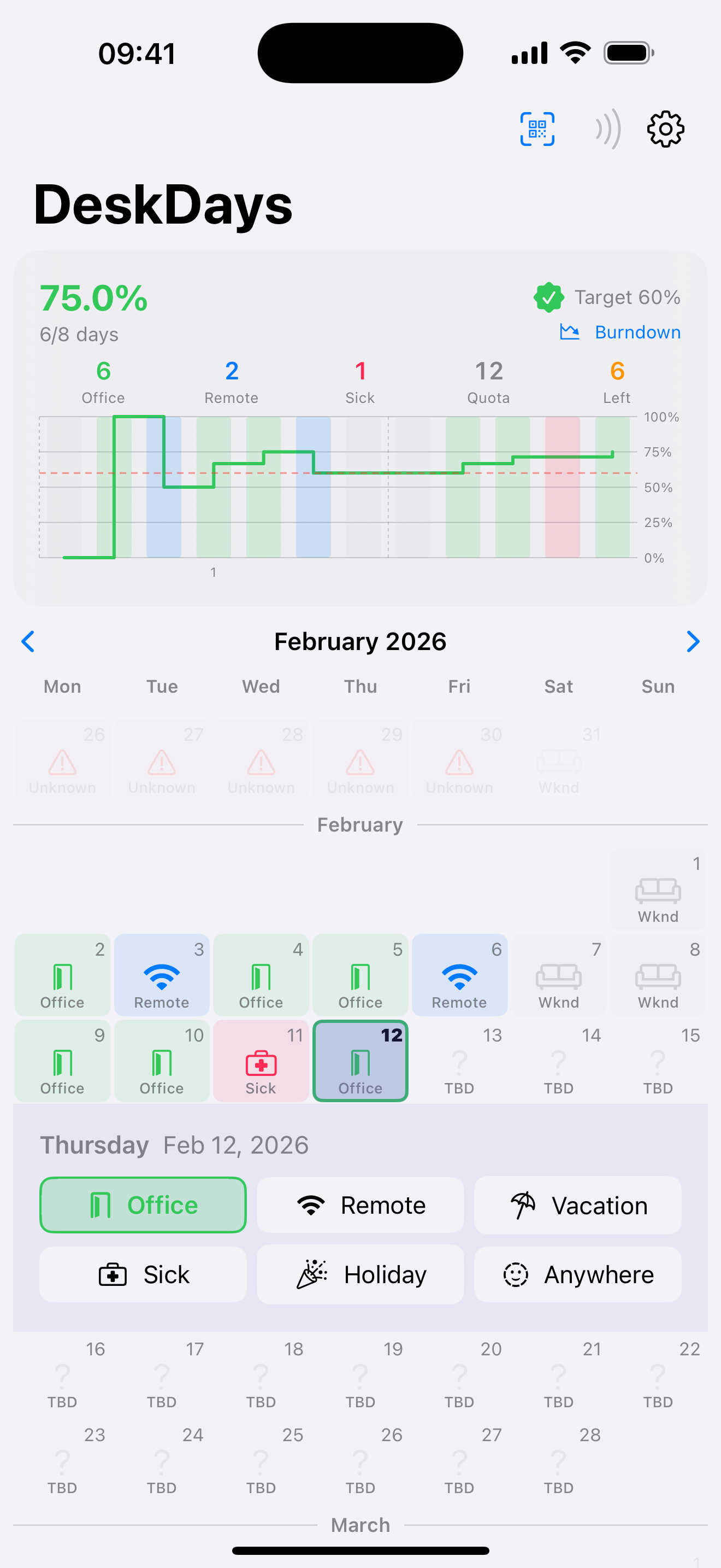 DeskDays calendar view showing color-coded attendance tracking